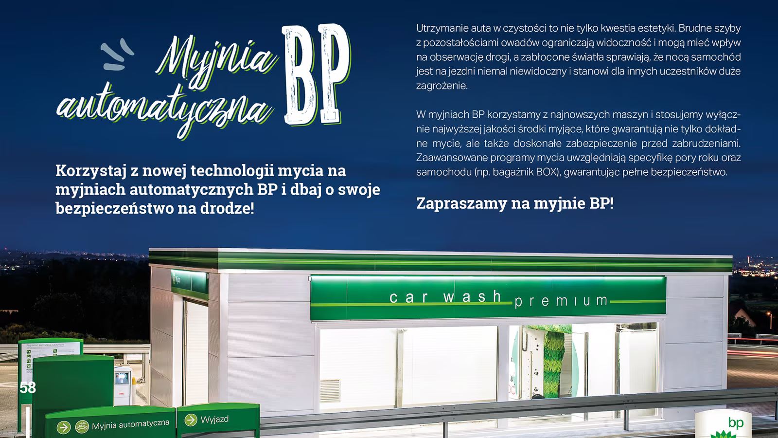 Zdjęcie myjni automatycznej BP nocą na stronie publikacji BP: realizacja fotograficzna Storymakers